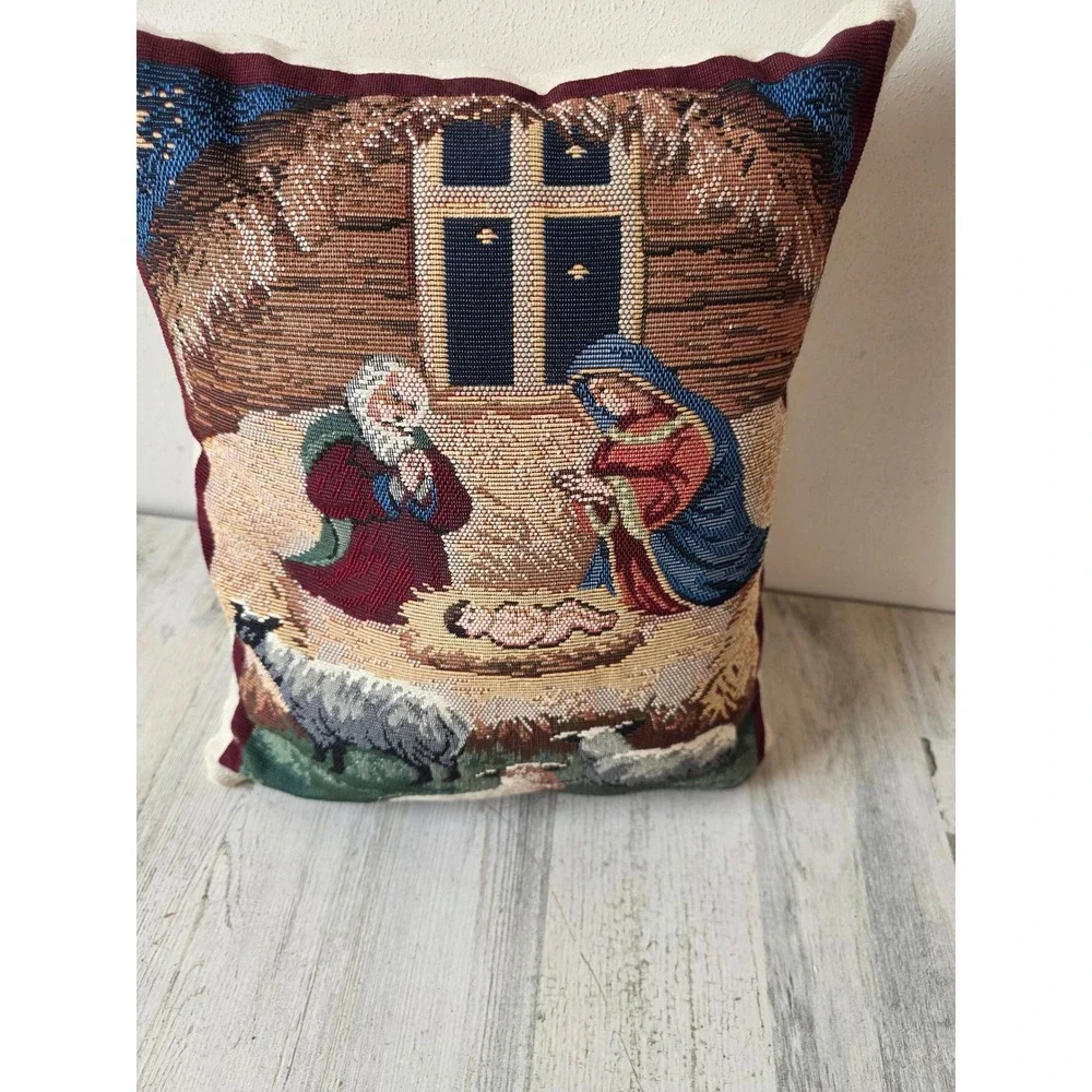 Vintage embroidered Nativity Xmas pillow Mary Jesus sheep decor pillow
